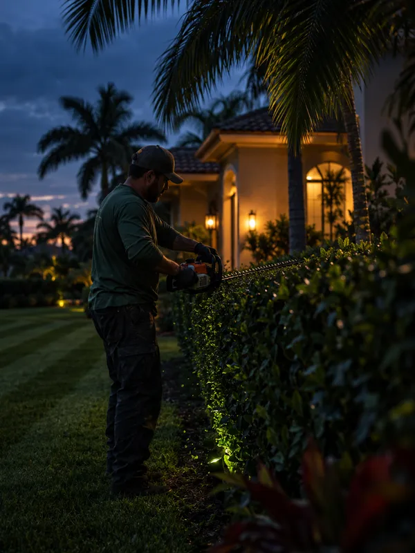 Landscaper trimming a hedge at dusk